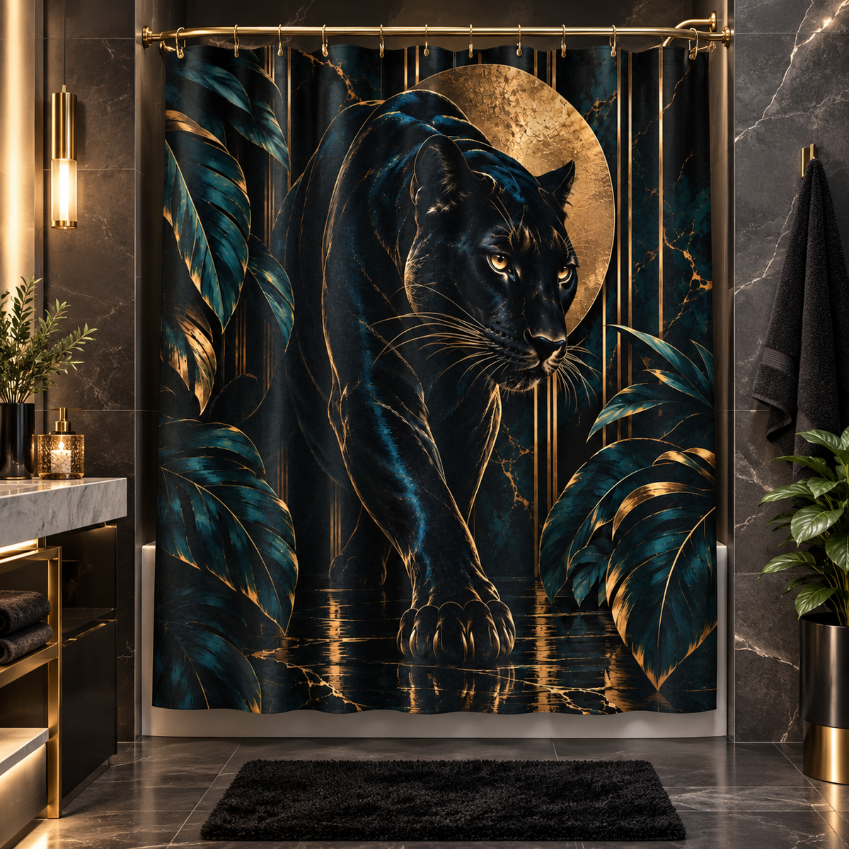 Obsidian Panther luxury shower curtain artwork featuring a black panther surrounded by deep teal tropical foliage, a textured gold moon and black marble-inspired detailing.