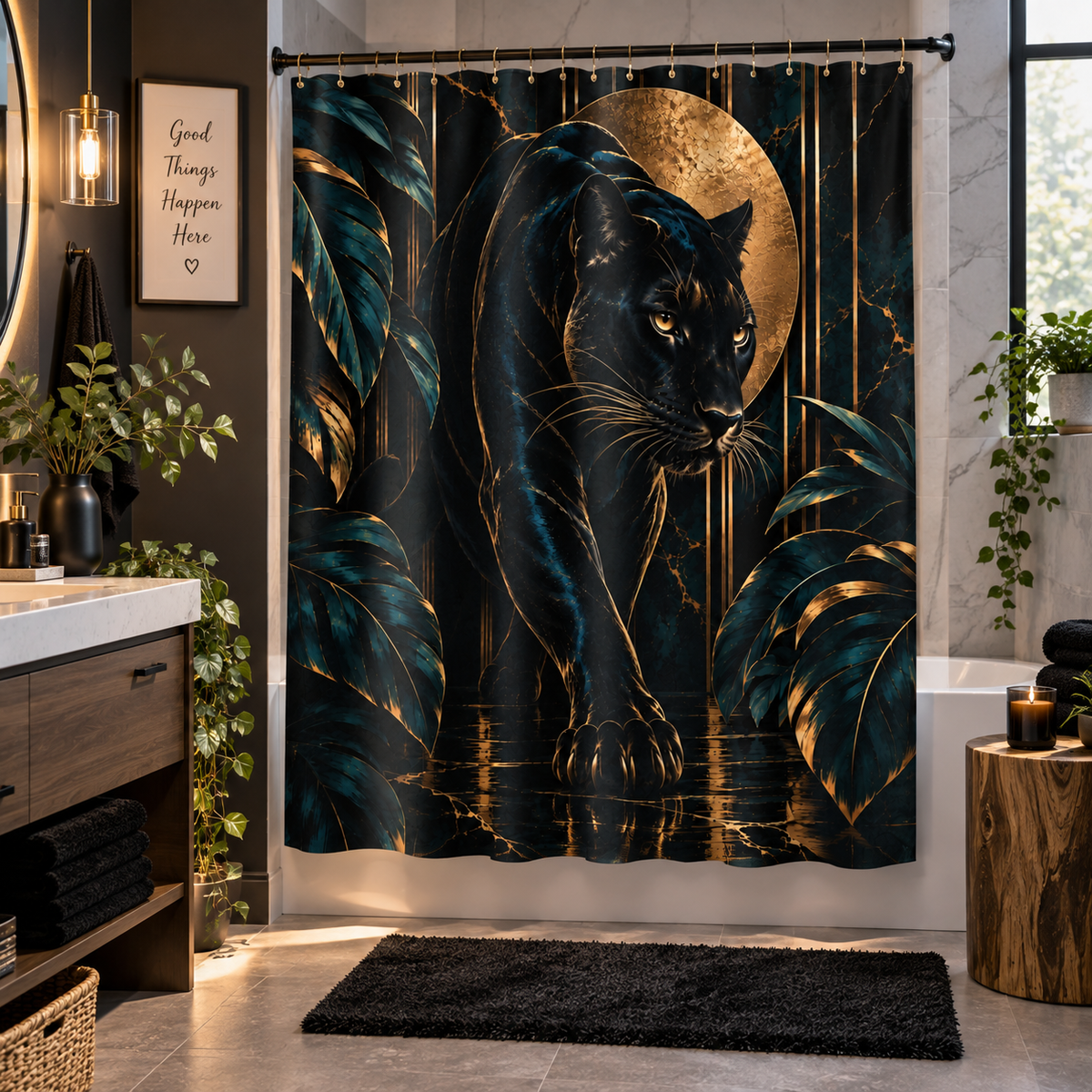 Obsidian Panther luxury shower curtain artwork featuring a black panther surrounded by deep teal tropical foliage, a textured gold moon and black marble-inspired detailing.
