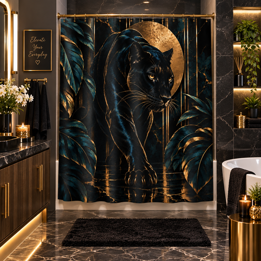 Obsidian Panther luxury shower curtain artwork featuring a black panther surrounded by deep teal tropical foliage, a textured gold moon and black marble-inspired detailing.
