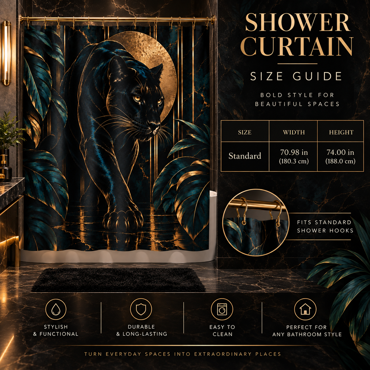 Obsidian Panther luxury shower curtain artwork featuring a black panther surrounded by deep teal tropical foliage, a textured gold moon and black marble-inspired detailing.