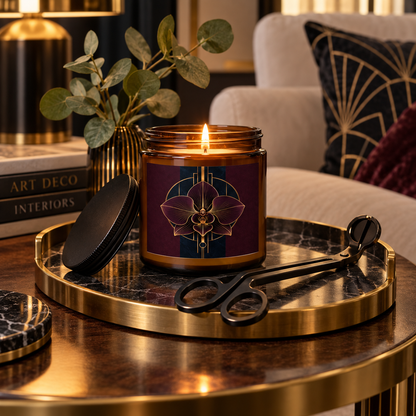 Améthyste Art Deco candle in amber jar featuring a plum orchid, midnight navy and antique gold label, displayed with an included black wick trimmer.