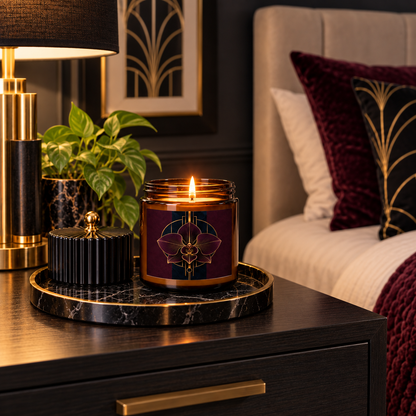Améthyste Art Deco candle in amber jar featuring a plum orchid, midnight navy and antique gold label, displayed with an included black wick trimmer.