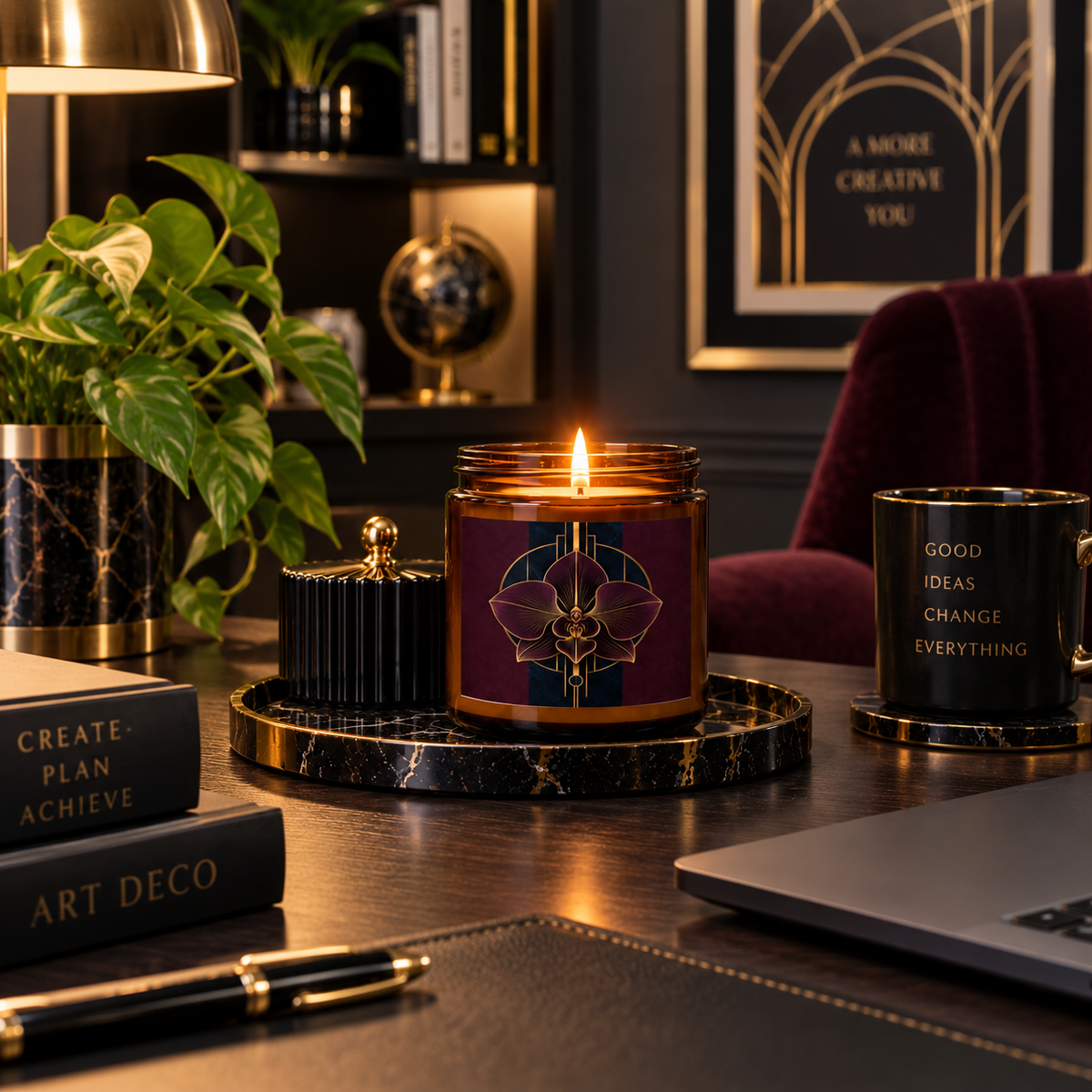 Améthyste Art Deco candle in amber jar featuring a plum orchid, midnight navy and antique gold label, displayed with an included black wick trimmer.
