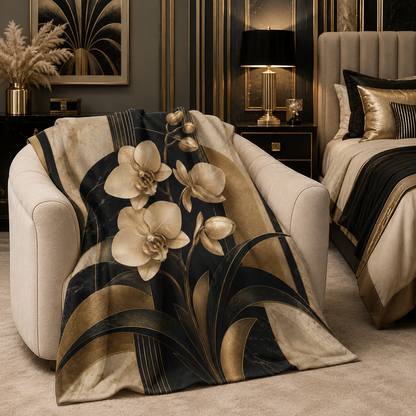 Aurélie Art Deco Sherpa fleece blanket featuring champagne gold orchids with black, ivory and antique gold geometric botanical artwork.
