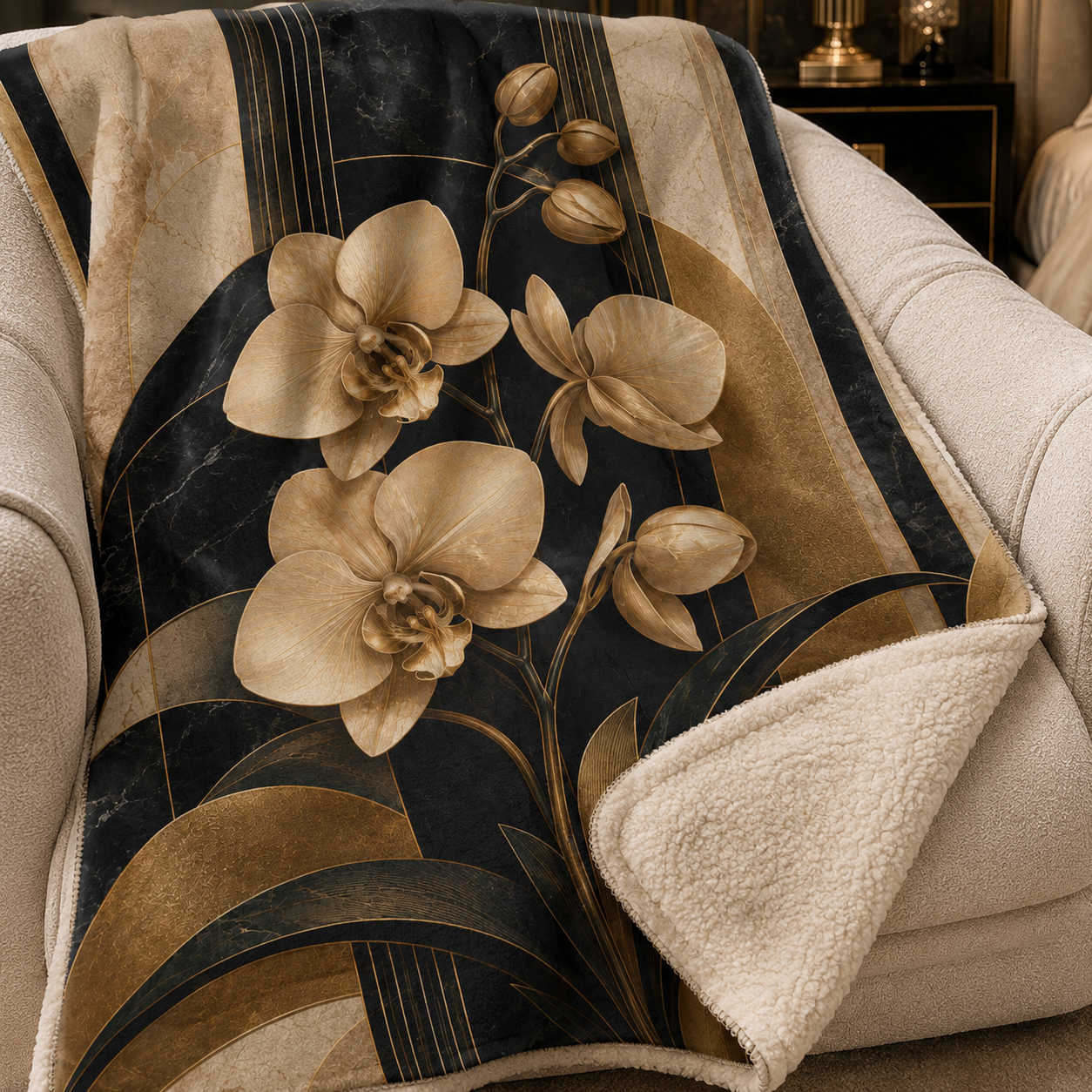 Aurélie Art Deco Sherpa fleece blanket featuring champagne gold orchids with black, ivory and antique gold geometric botanical artwork.