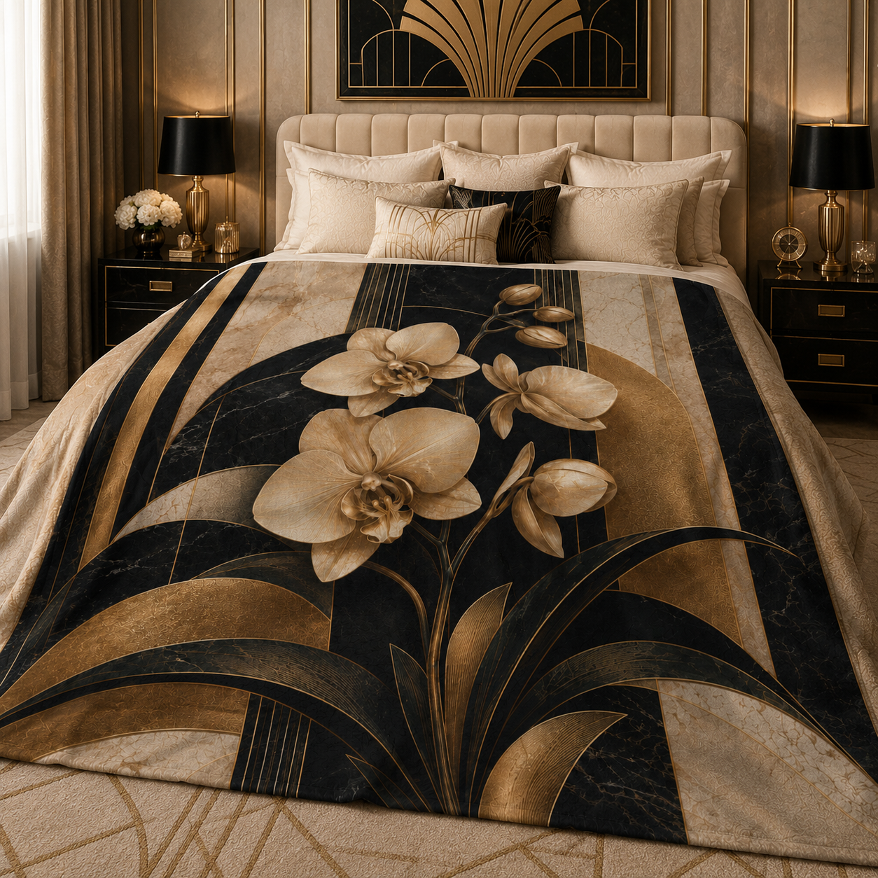 Aurélie Art Deco Sherpa fleece blanket featuring champagne gold orchids with black, ivory and antique gold geometric botanical artwork.