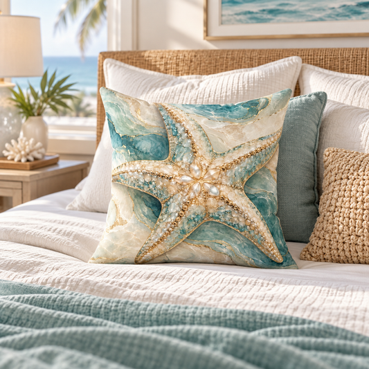 Étoile de Mer faux suede throw pillow featuring a pearl-detailed starfish in sea-glass aqua, ivory and gold, styled on a cream chair in a luxury coastal interior.