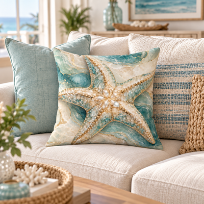 Étoile de Mer faux suede throw pillow featuring a pearl-detailed starfish in sea-glass aqua, ivory and gold, styled on a cream chair in a luxury coastal interior.