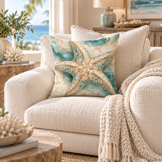 Étoile de Mer faux suede throw pillow featuring a pearl-detailed starfish in sea-glass aqua, ivory and gold, styled on a cream chair in a luxury coastal interior.