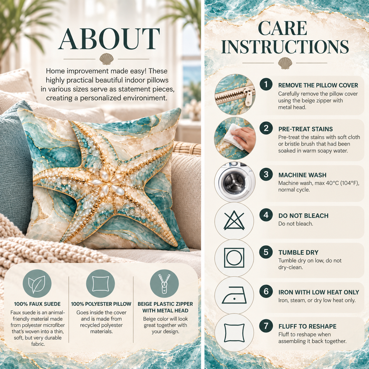 Étoile de Mer faux suede throw pillow featuring a pearl-detailed starfish in sea-glass aqua, ivory and gold, styled on a cream chair in a luxury coastal interior.