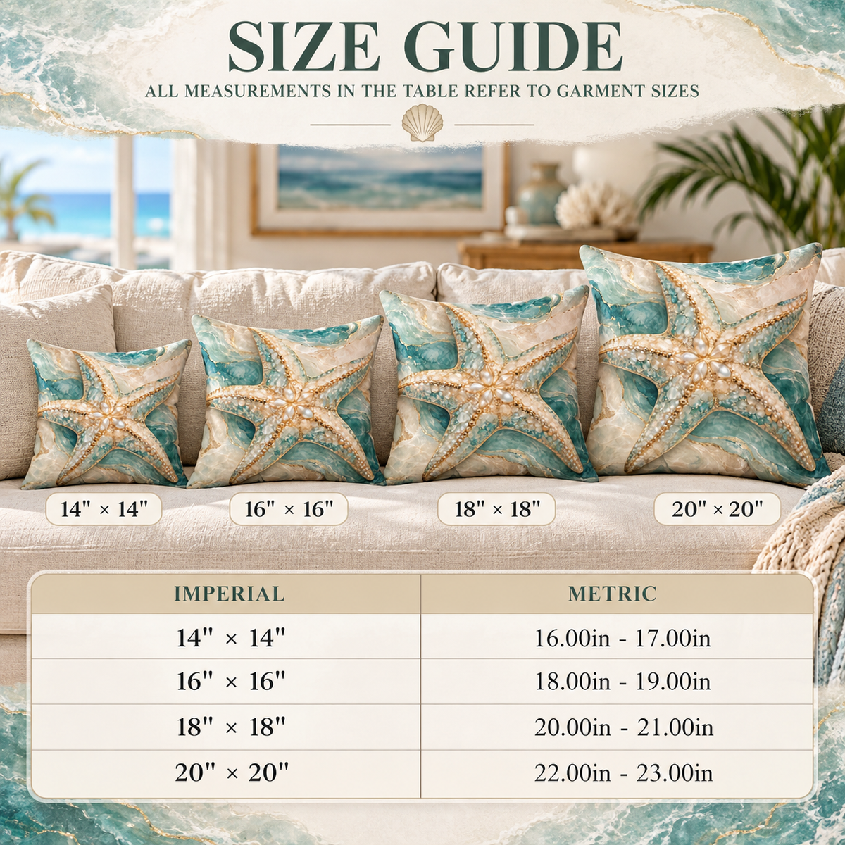 Étoile de Mer faux suede throw pillow featuring a pearl-detailed starfish in sea-glass aqua, ivory and gold, styled on a cream chair in a luxury coastal interior.