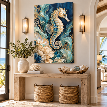 Marée d’Or framed canvas featuring a jeweled seahorse surrounded by aquamarine sea botanicals, pearl ivory flowers, coral and gold details against deep ocean blue.