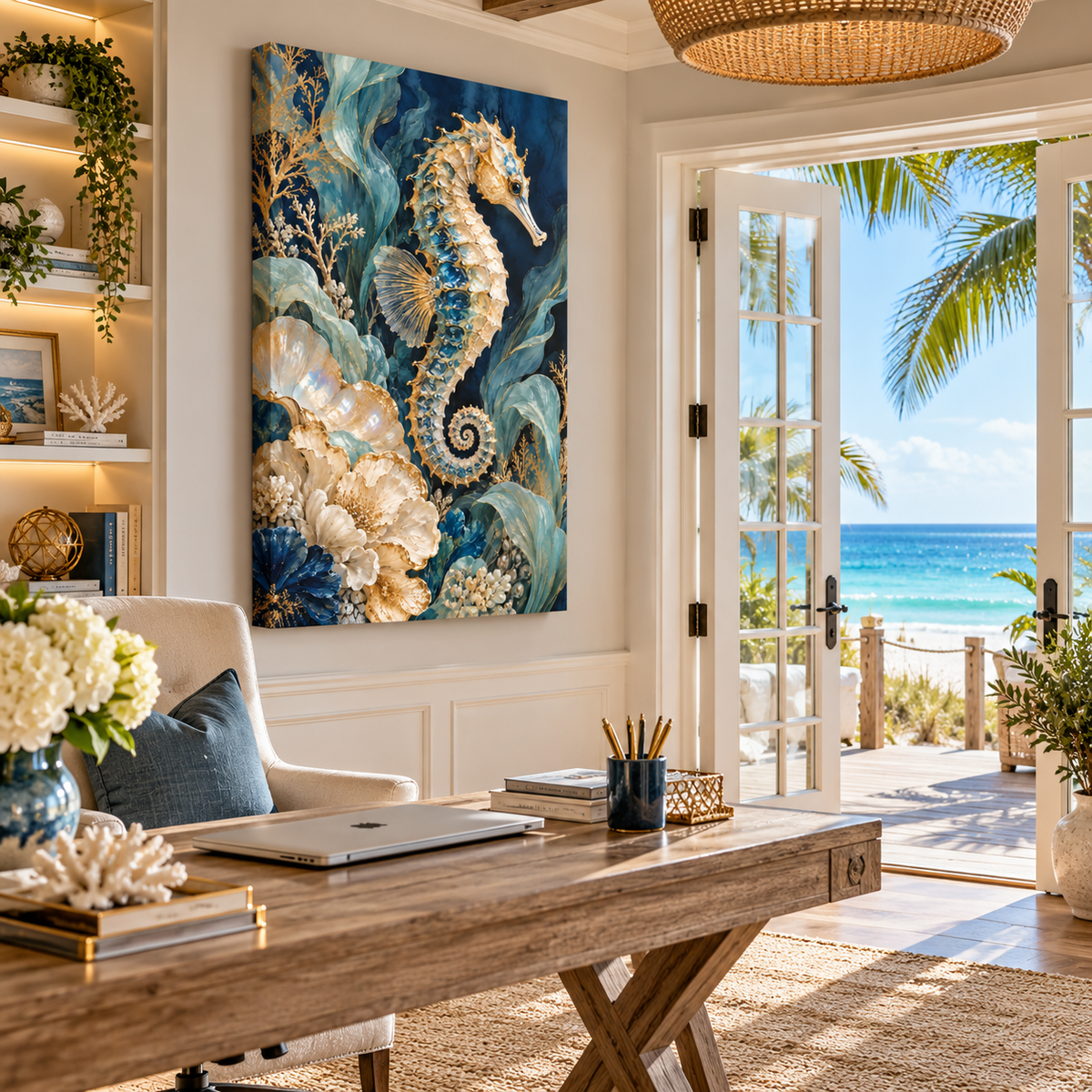 Marée d’Or framed canvas featuring a jeweled seahorse surrounded by aquamarine sea botanicals, pearl ivory flowers, coral and gold details against deep ocean blue.