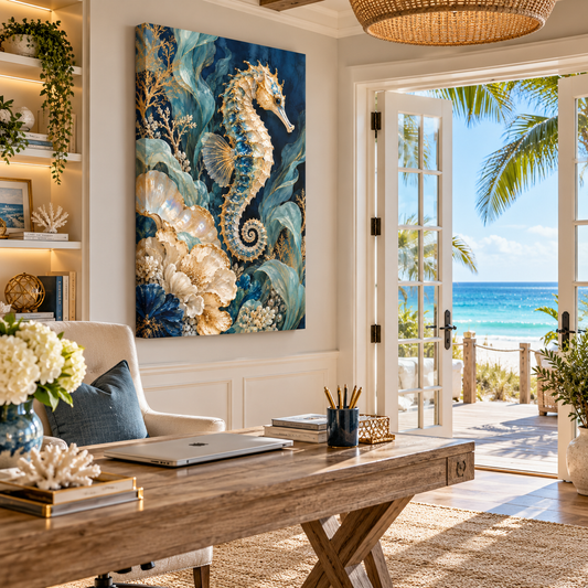 Marée d’Or framed canvas featuring a jeweled seahorse surrounded by aquamarine sea botanicals, pearl ivory flowers, coral and gold details against deep ocean blue.