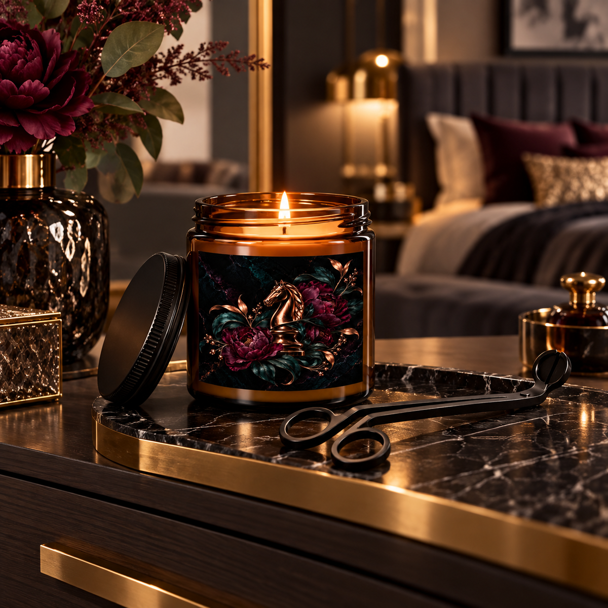 Nocturne Gambit Urban Noir candle in an amber jar featuring a metallic chess knight surrounded by deep wine florals and teal foliage, displayed with a black wick trimmer.