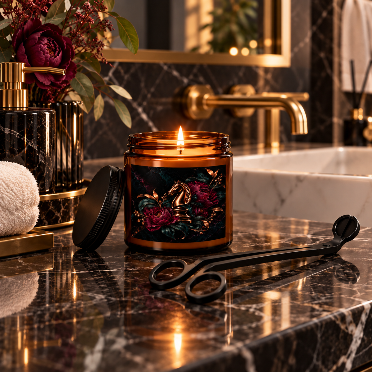 Nocturne Gambit Urban Noir candle in an amber jar featuring a metallic chess knight surrounded by deep wine florals and teal foliage, displayed with a black wick trimmer.
