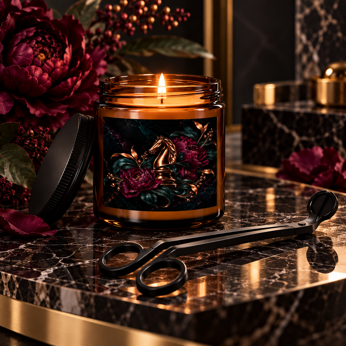 Nocturne Gambit Urban Noir candle in an amber jar featuring a metallic chess knight surrounded by deep wine florals and teal foliage, displayed with a black wick trimmer.