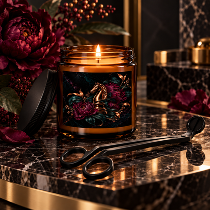 Nocturne Gambit Urban Noir candle in an amber jar featuring a metallic chess knight surrounded by deep wine florals and teal foliage, displayed with a black wick trimmer.