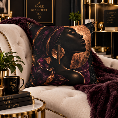 Nocturne Muse faux suede pillow featuring an elegant Black woman silhouette portrait with deep plum florals, geometric earrings and copper metallic-inspired accents.