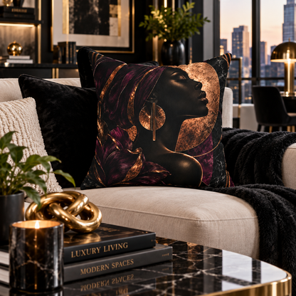 Nocturne Muse faux suede pillow featuring an elegant Black woman silhouette portrait with deep plum florals, geometric earrings and copper metallic-inspired accents.