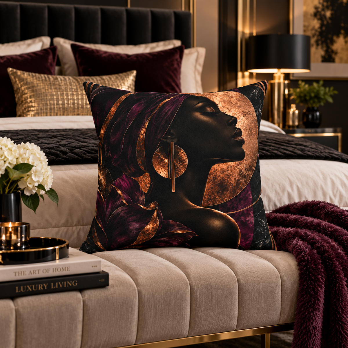 Nocturne Muse faux suede pillow featuring an elegant Black woman silhouette portrait with deep plum florals, geometric earrings and copper metallic-inspired accents.