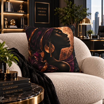 Nocturne Muse faux suede pillow featuring an elegant Black woman silhouette portrait with deep plum florals, geometric earrings and copper metallic-inspired accents.