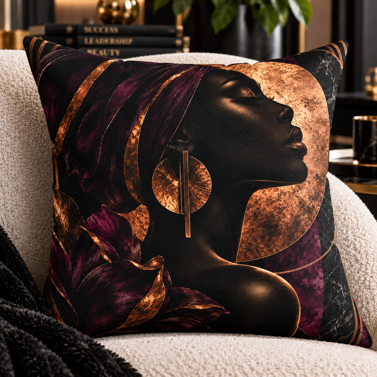 Nocturne Muse faux suede pillow featuring an elegant Black woman silhouette portrait with deep plum florals, geometric earrings and copper metallic-inspired accents.